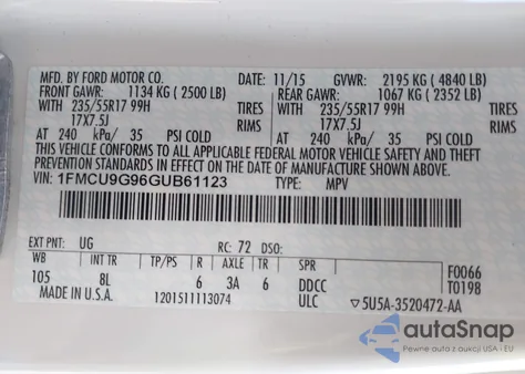 2016 Ford Escape Se z USA, uszkodzony, nr VIN 1FMCU9G96GUB61123